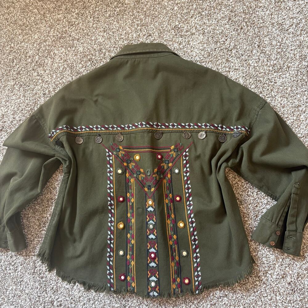 Anthropologie Beautiful Stories Embroidered Olive Jacket M Boho Metal Mirror